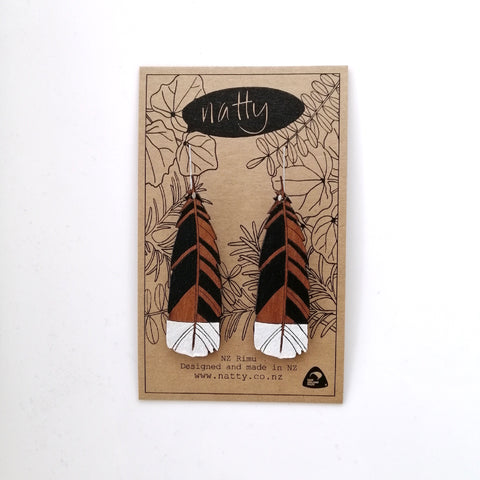 Large hanging Huia feather Rimu earrings