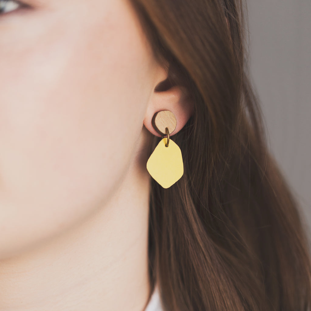 Rimu wood stud with Coloured Laminate Hanging earrings