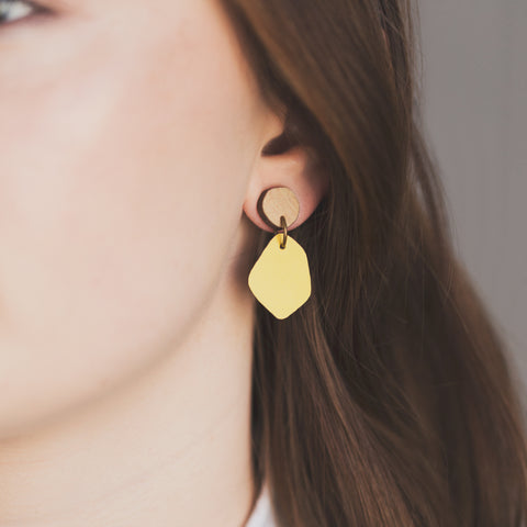Rimu wood stud with Coloured Laminate Hanging earrings