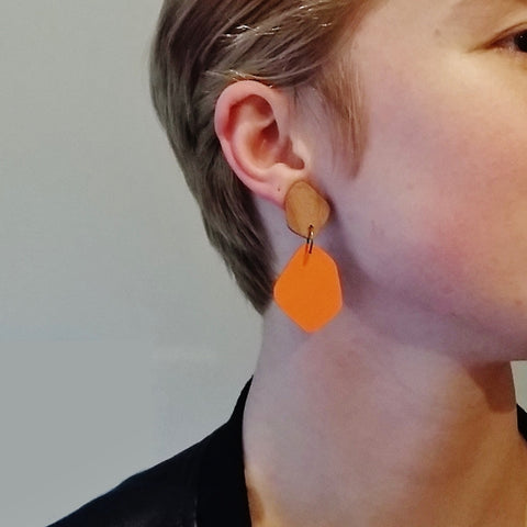 Large Rimu wood stud with Coloured Laminate Hanging earrings