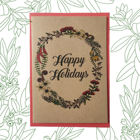 Greeting card - Happy Holidays NZ nature wreath