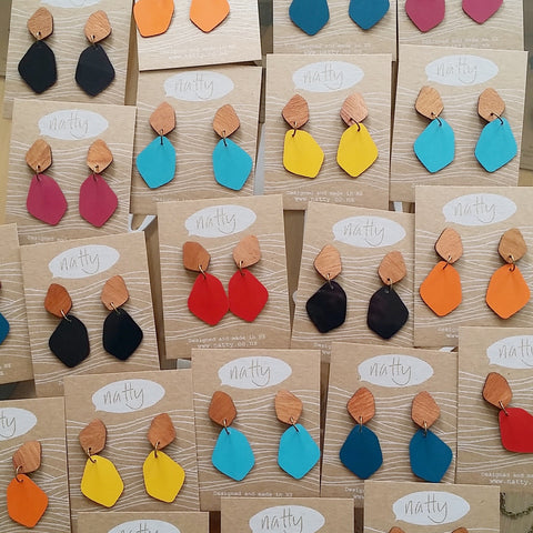 Large Rimu wood stud with Coloured Laminate Hanging earrings