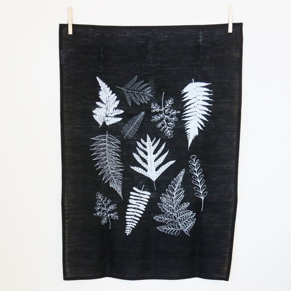 Black Fern Print Linen Tea towel