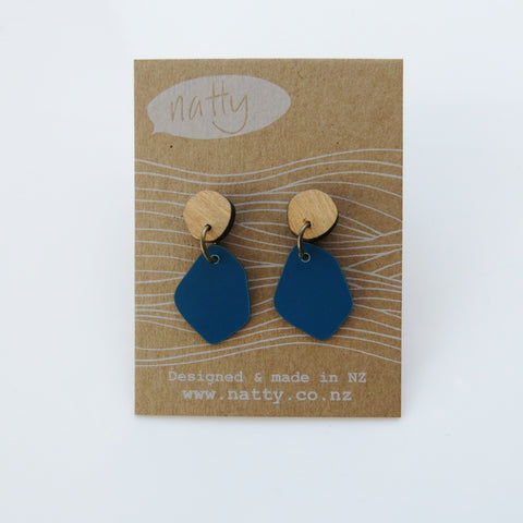 Rimu wood stud with Coloured Laminate Hanging earrings