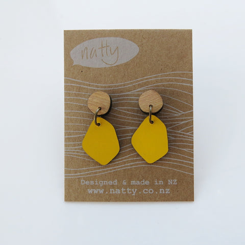 Rimu wood stud with Coloured Laminate Hanging earrings